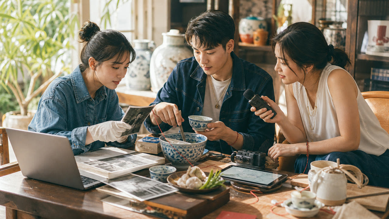 คนรุ่นใหม่สามคนช่วยกันสแกนภาพเก่า บันทึกเสียง ทำอาหาร และดูแผนที่รากครอบครัว